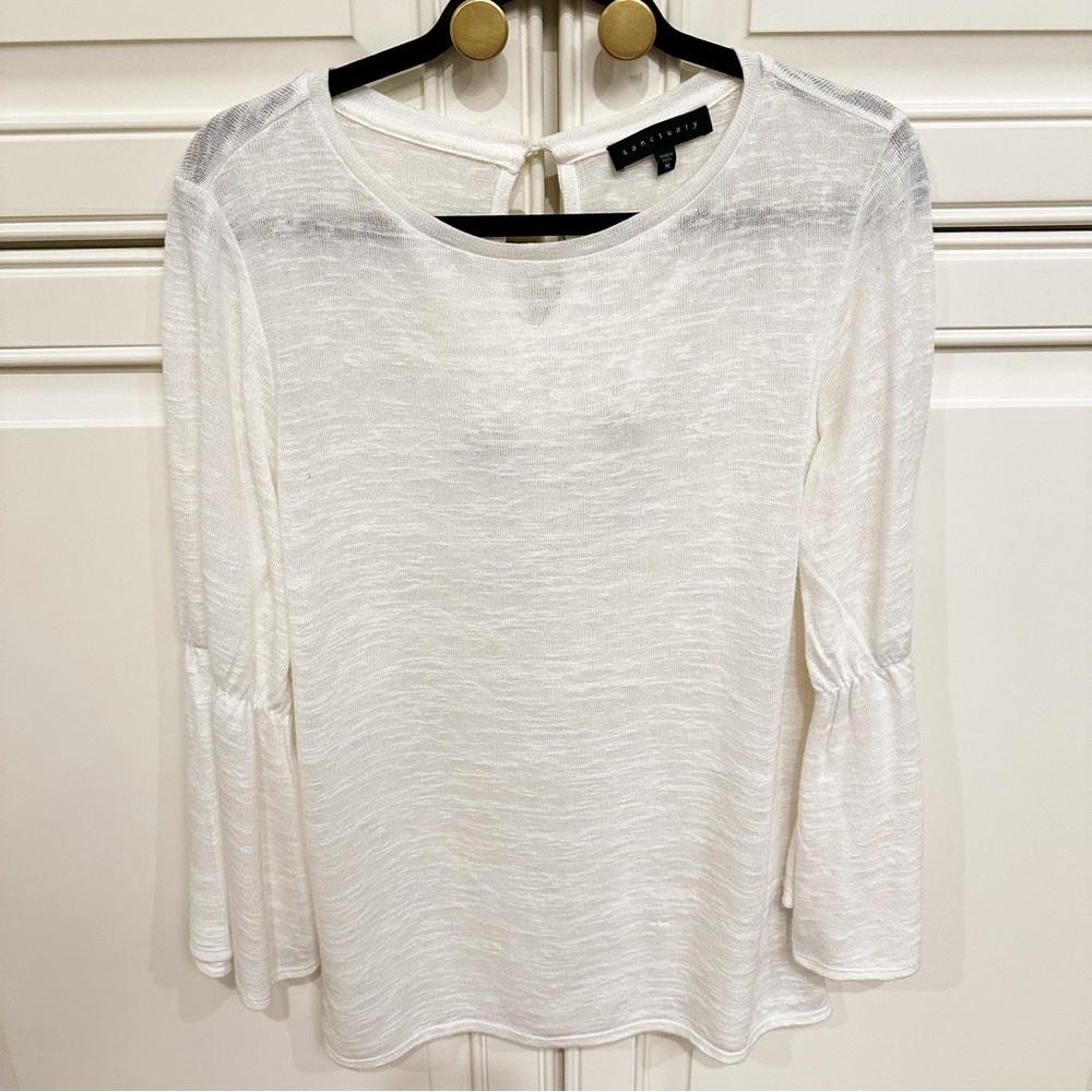 Sanctuary Womenâsâ White Textured Bell Long Sleeve Blouse Rayon Blend Semi Sheer